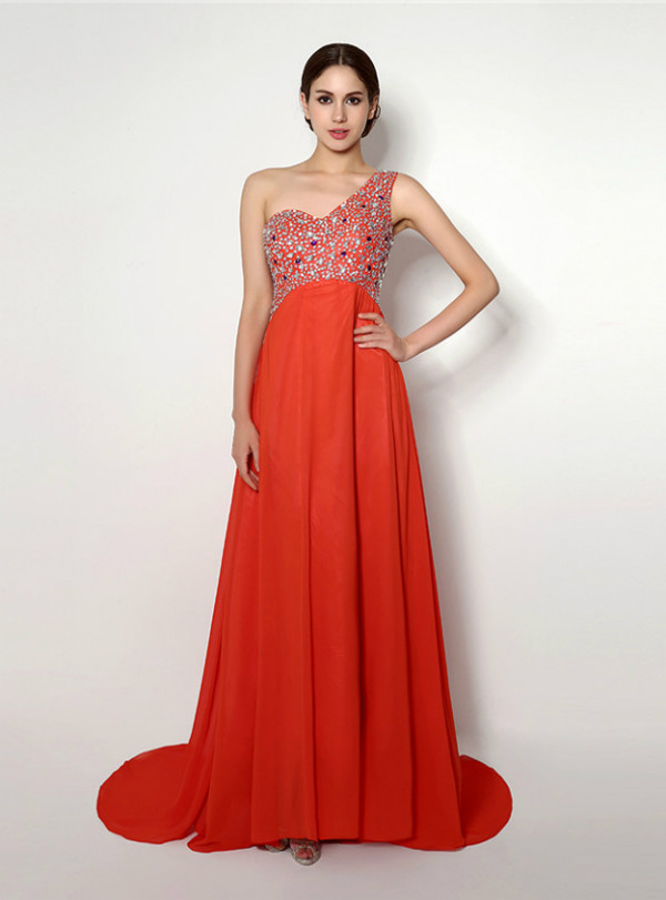 Red One Shoulder Chiffon With Beading Backless Prom Dress