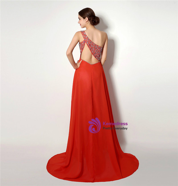 Red One Shoulder Chiffon With Beading Backless Prom Dress