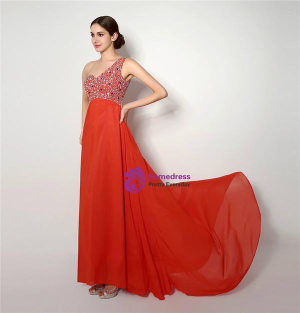 Red One Shoulder Chiffon With Beading Backless Prom Dress