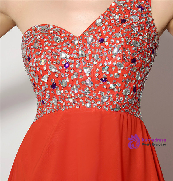 Red One Shoulder Chiffon With Beading Backless Prom Dress