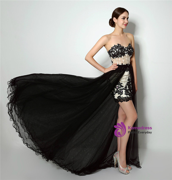 Black Lace Tulle Two Piece Sweetheart Hi Lo Prom Dress
