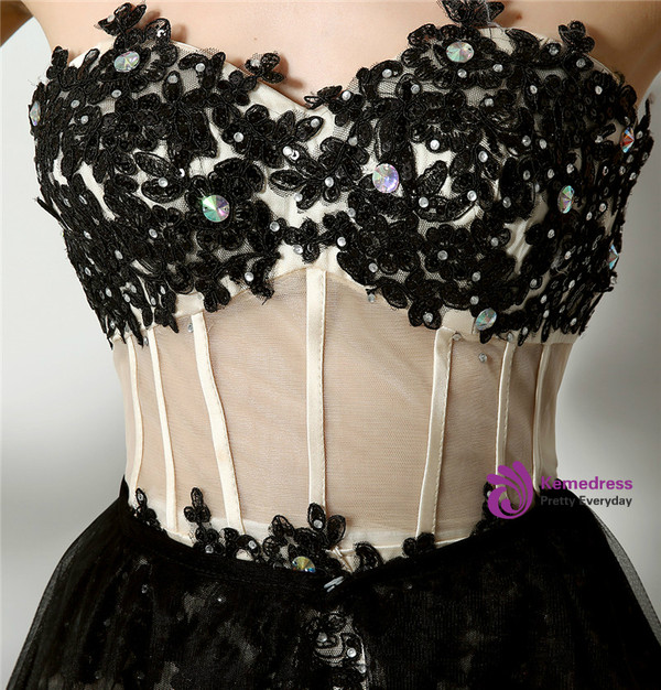 Black Lace Tulle Two Piece Sweetheart Hi Lo Prom Dress