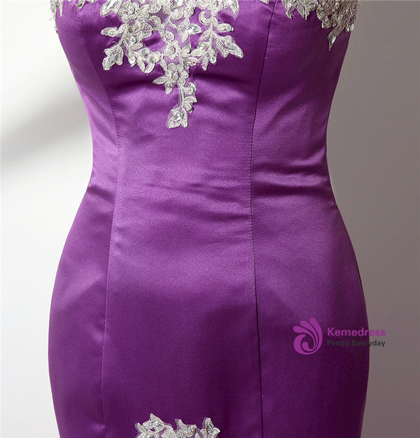 Mermaid Purple Satin Sweetheart Neck Appliques Prom Dress