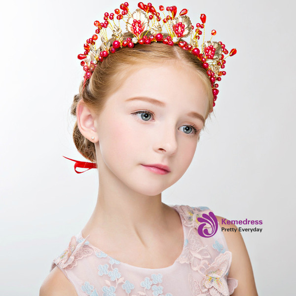 Children's Red Pearls Gold Leaves Accessories In Hairband