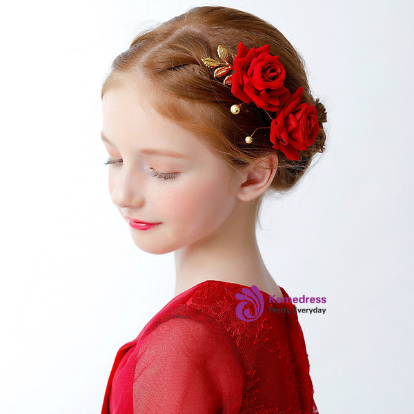 Children's Flower Girl Accessories Red Flowers 2 Piece Clip