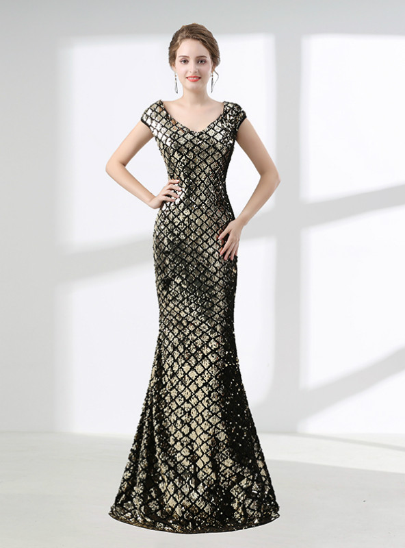 Gold Mermaid V-neck Cap Sleeve Sequins Prom Dress