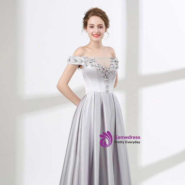 Silver Gray Off The Shoulder Satin With Flower Prom Dress