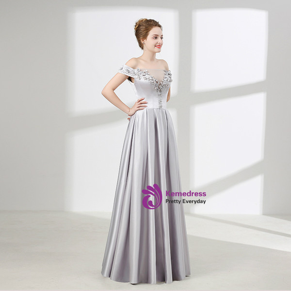 Silver Gray Off The Shoulder Satin With Flower Prom Dress