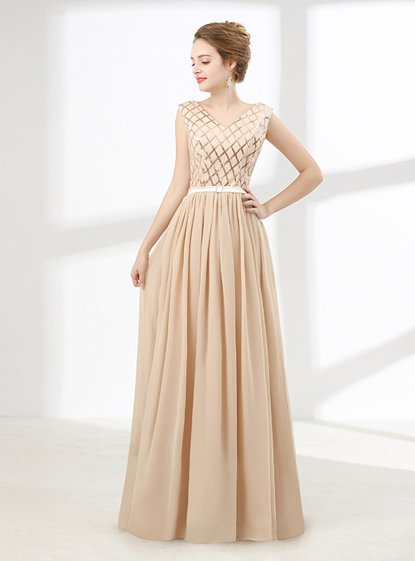 Champagne Chiffon Sequins Backless Sleeveless Prom Dress