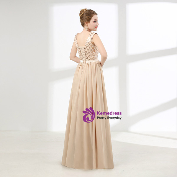 Champagne Chiffon Sequins Backless Sleeveless Prom Dress