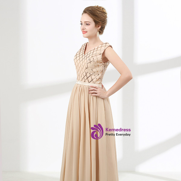 Champagne Chiffon Sequins Backless Sleeveless Prom Dress