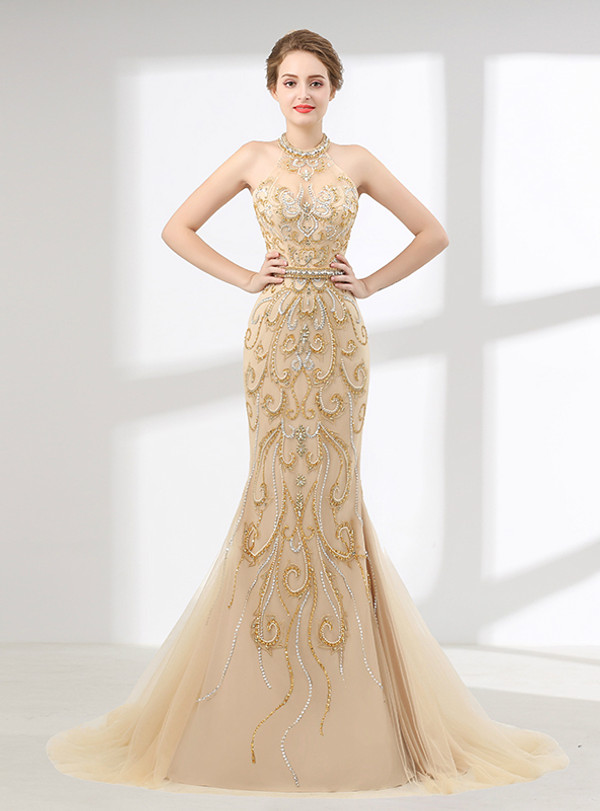 Champagne Mermaid Halter Tulle Beading Prom Dress