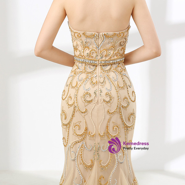 Champagne Mermaid Halter Tulle Beading Prom Dress