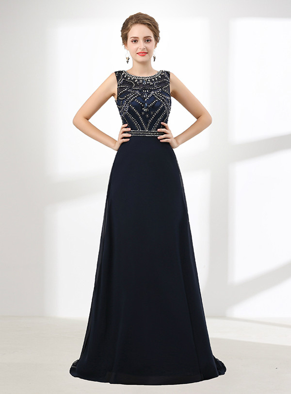 Blue Chiffon Scoop Neck Floor Length With Beading Prom Dress