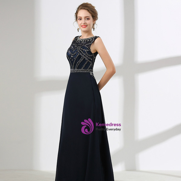 Blue Chiffon Scoop Neck Floor Length With Beading Prom Dress