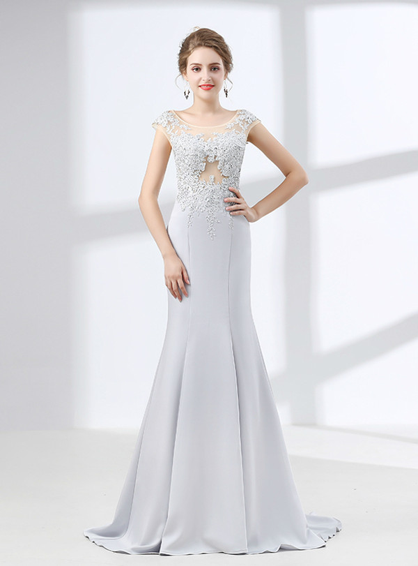 Mermaid Silver Gray Cap Sleeve Appliques Prom Dress