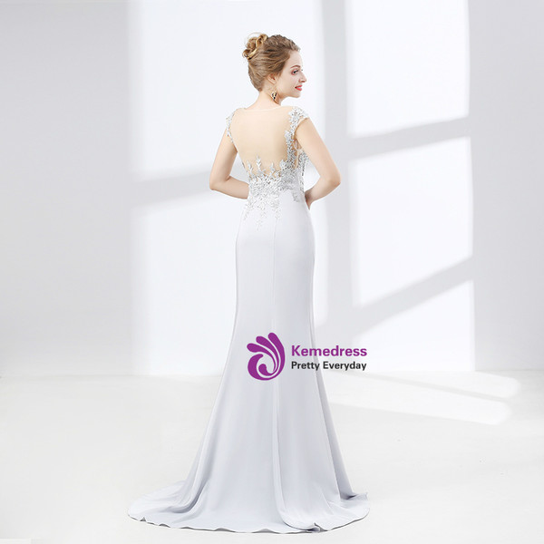 Mermaid Silver Gray Cap Sleeve Appliques Prom Dress