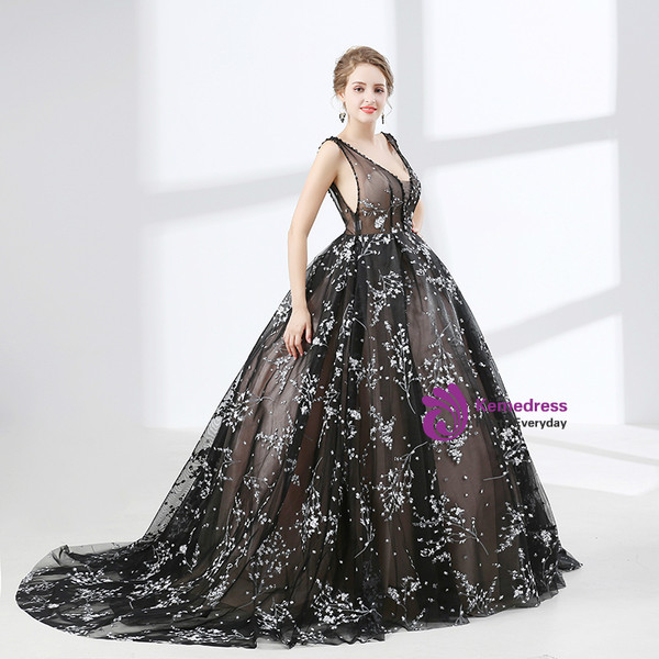 Black Ball Gown Tulle V-neck Backless Appliques Prom Dress