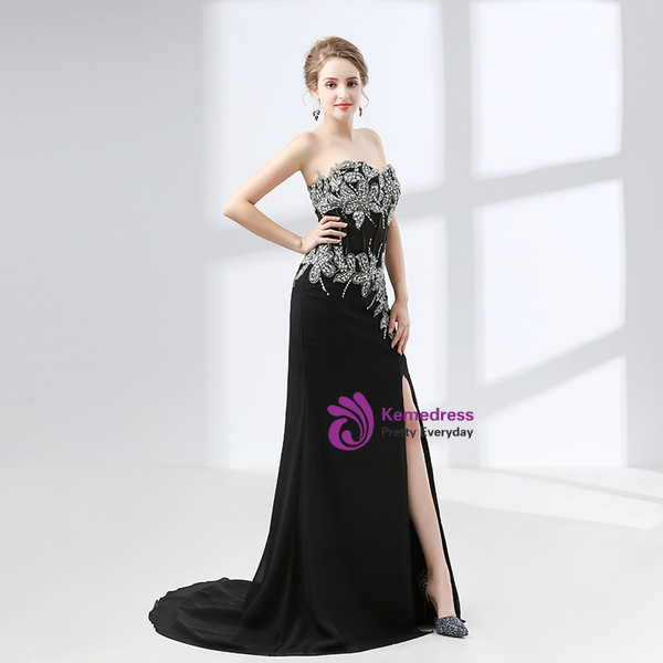 Black Mermaid Chiffon Appliques Beading Prom Dress With Split