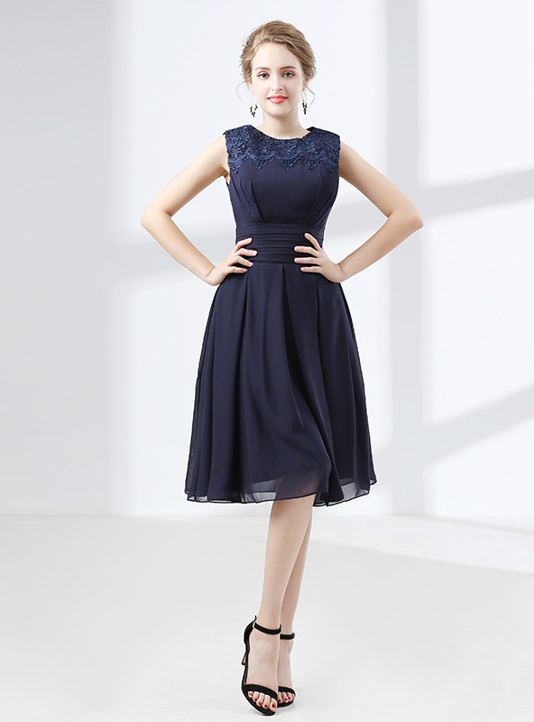 Short Blue Chiffon Knee Length Lace Bridesmaid Dress