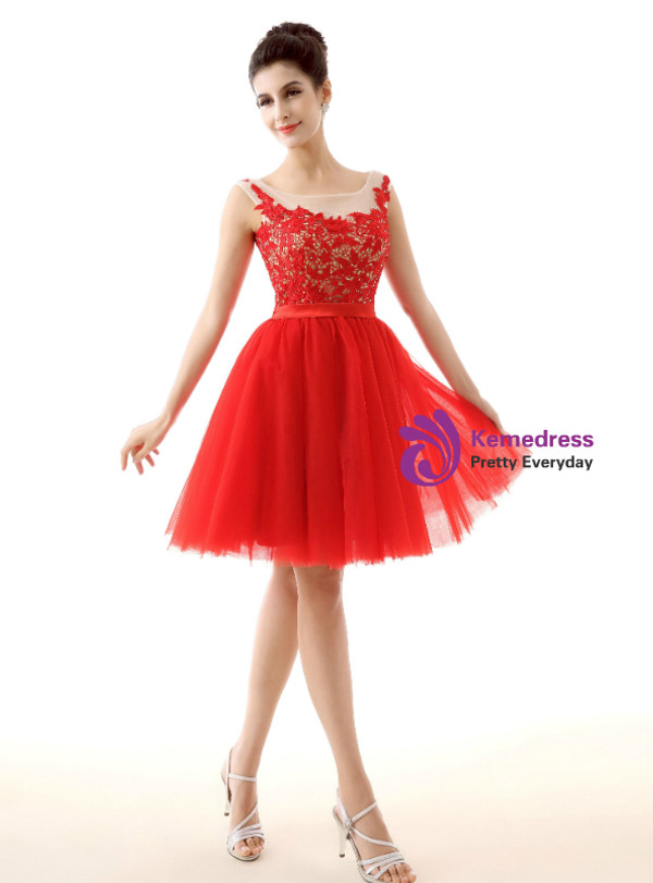 Red Tulle Lace Backless Knee Length Homecoming Dress