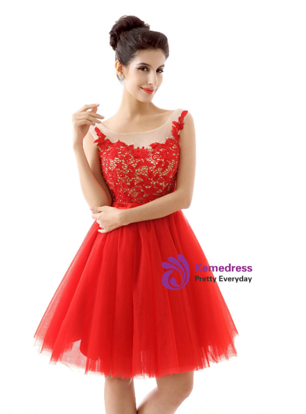 Red Tulle Lace Backless Knee Length Homecoming Dress