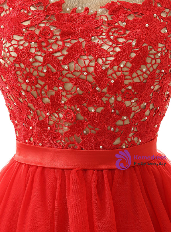 Red Tulle Lace Backless Knee Length Homecoming Dress