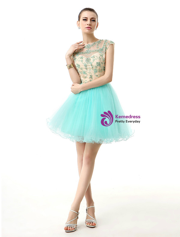 Light Blue Tulle Cap Sleeve Backless With Beading Homecoming Dress