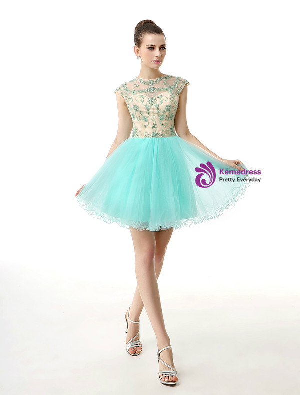 Light Blue Tulle Cap Sleeve Backless With Beading Homecoming Dress