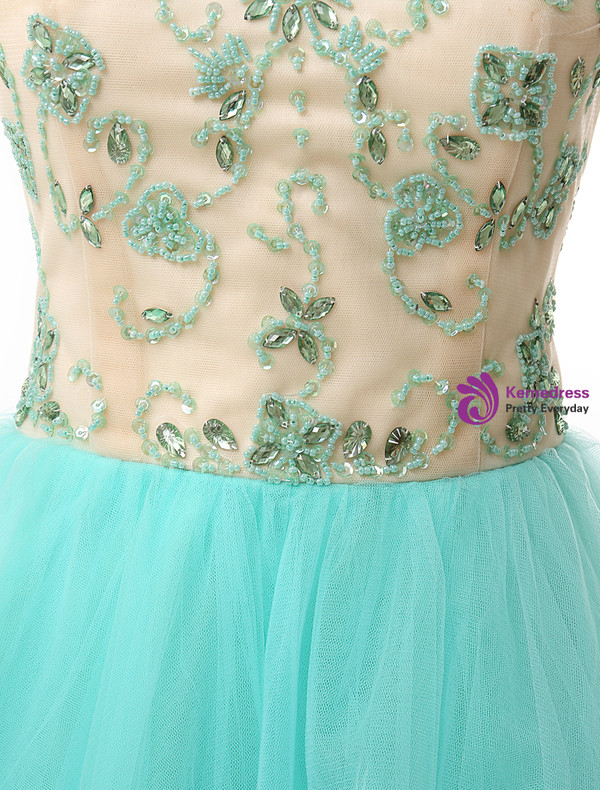 Light Blue Tulle Cap Sleeve Backless With Beading Homecoming Dress
