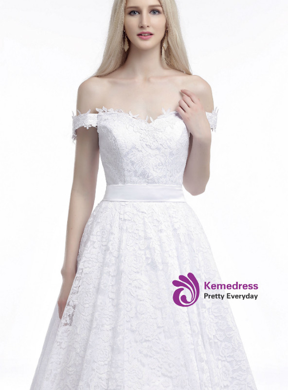 White Lace Off The Shoulder Tea Length Wedding Dress