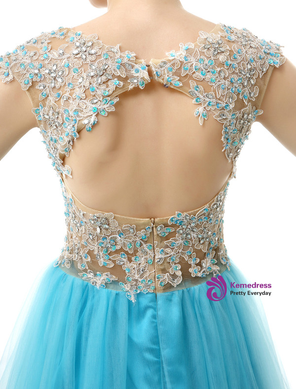 Blue Hi Lo Tulle Appliques Backless Cap Sleeve Homecoming Dress