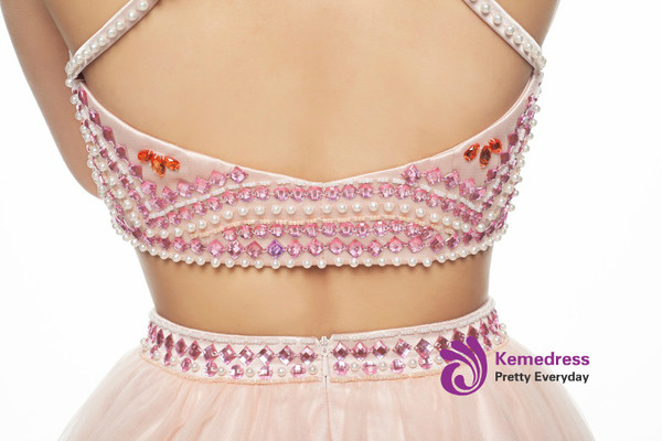 Pink Halter Tulle Backless Two Piece Homecoming Dress