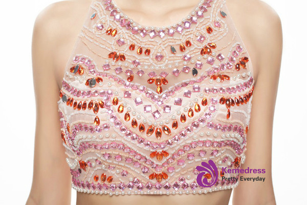 Pink Halter Tulle Backless Two Piece Homecoming Dress