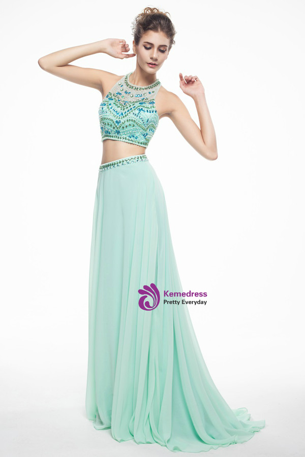Green Two Piece Halter Chiffon Backless With Beading Prom Dress