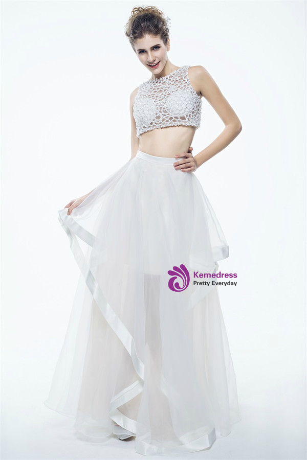 Sexy White Two Piece Tulle Beading See Through Prom Dress