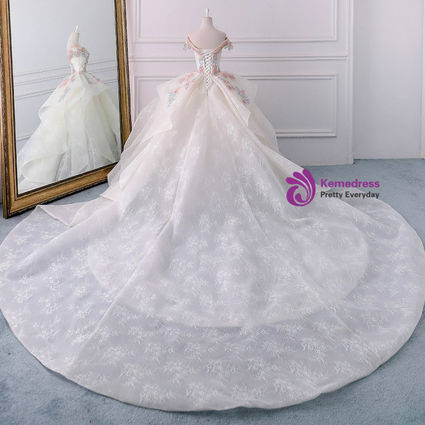 White Ball Gown Lace Off The Shoulder Flower Wedding Dress