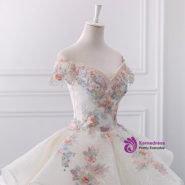 White Ball Gown Lace Off The Shoulder Flower Wedding Dress