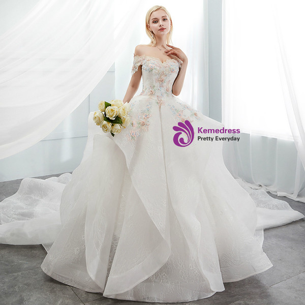 White Ball Gown Lace Off The Shoulder Flower Wedding Dress