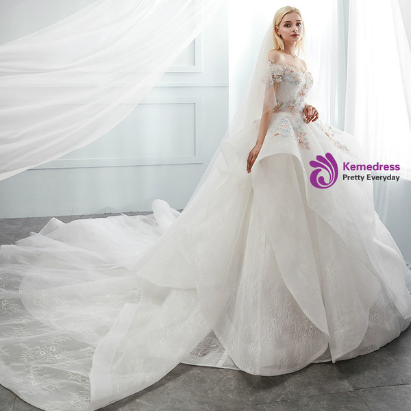 White Ball Gown Lace Off The Shoulder Flower Wedding Dress