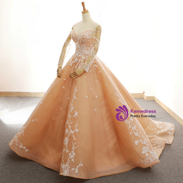 Champagne Ball Gown Off The Shoulder Long Sleeve Wedding Dress