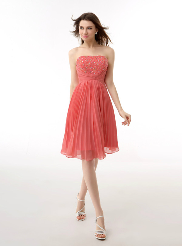 Red Knee Length Strapless With Pleats Beading Homecoming Dress