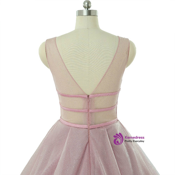 Pink Tulle Deep V-neck Sleeveless Backless Wedding Dresses