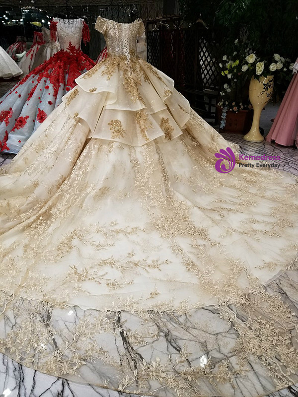 Champagne Ball Gown Gold Lace Appliques With Beading Wedding Dress