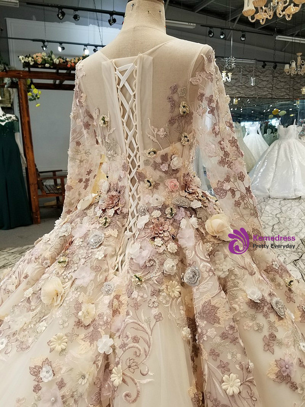 White Ball Gown Long Sleeve Flower Floor Length Wedding Dress