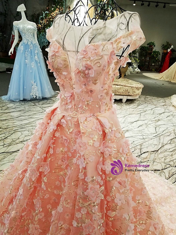 Pink Ball Gown Tulle Backless Appliques Cap Sleeve Wedding Dress