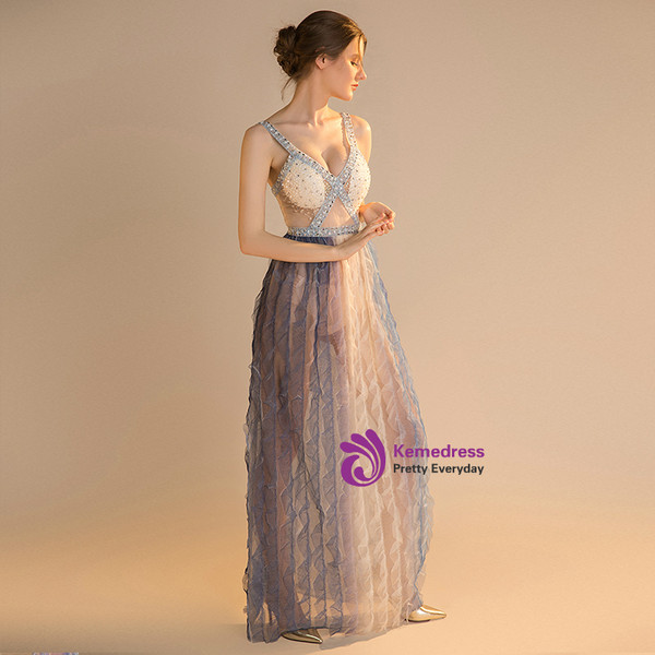 In Stock:Ship in 48 hours Blue Spaghetti Straps Allure See Through Prom Dress