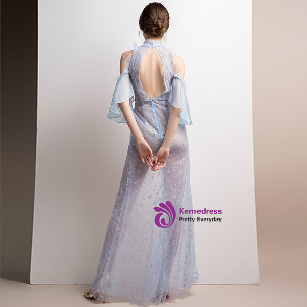 In Stock:Ship in 48 hours Blue Halter Tulle Allure See Through Prom Dress