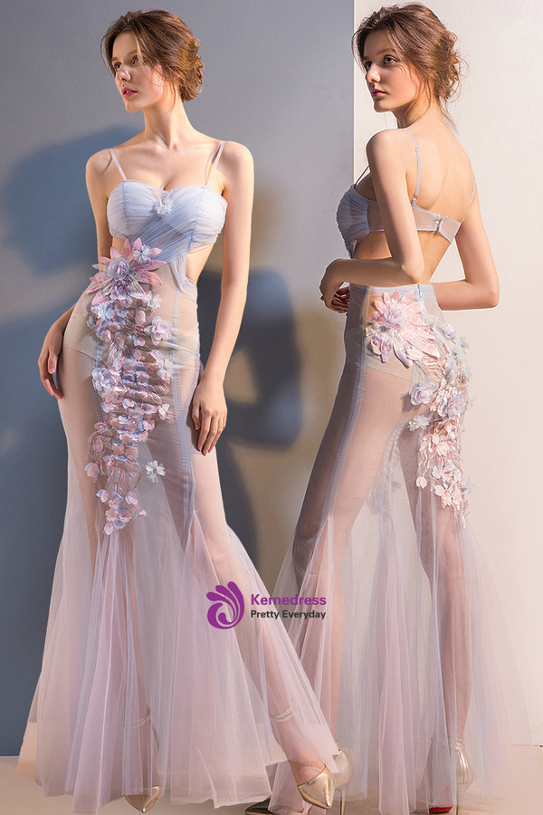 In Stock:Ship in 48 hours Blue Tulle Backless Allure See Through Prom Dress