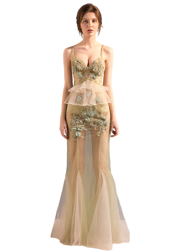 In Stock:Ship in 48 hours Champagne Tulle Allure See Through Prom Dress